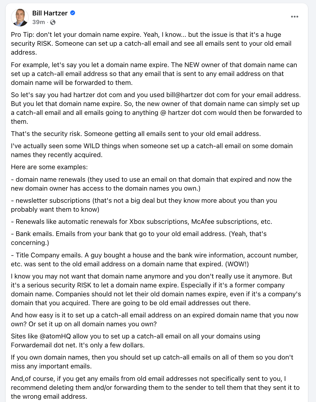 Bill Hartzer - The CyberSecurity Risk of Letting A Domain Name Expire